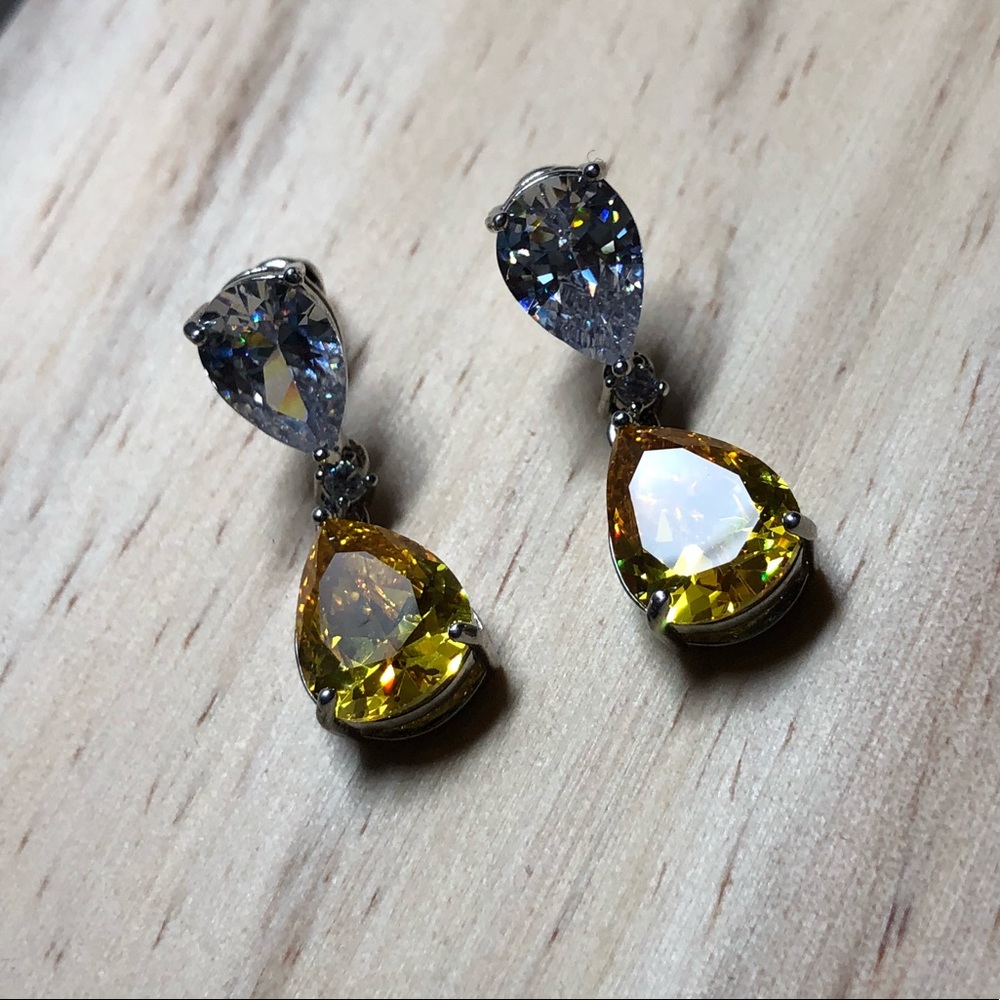 Double pear cut yellow/clear AAA CZ drop earrings